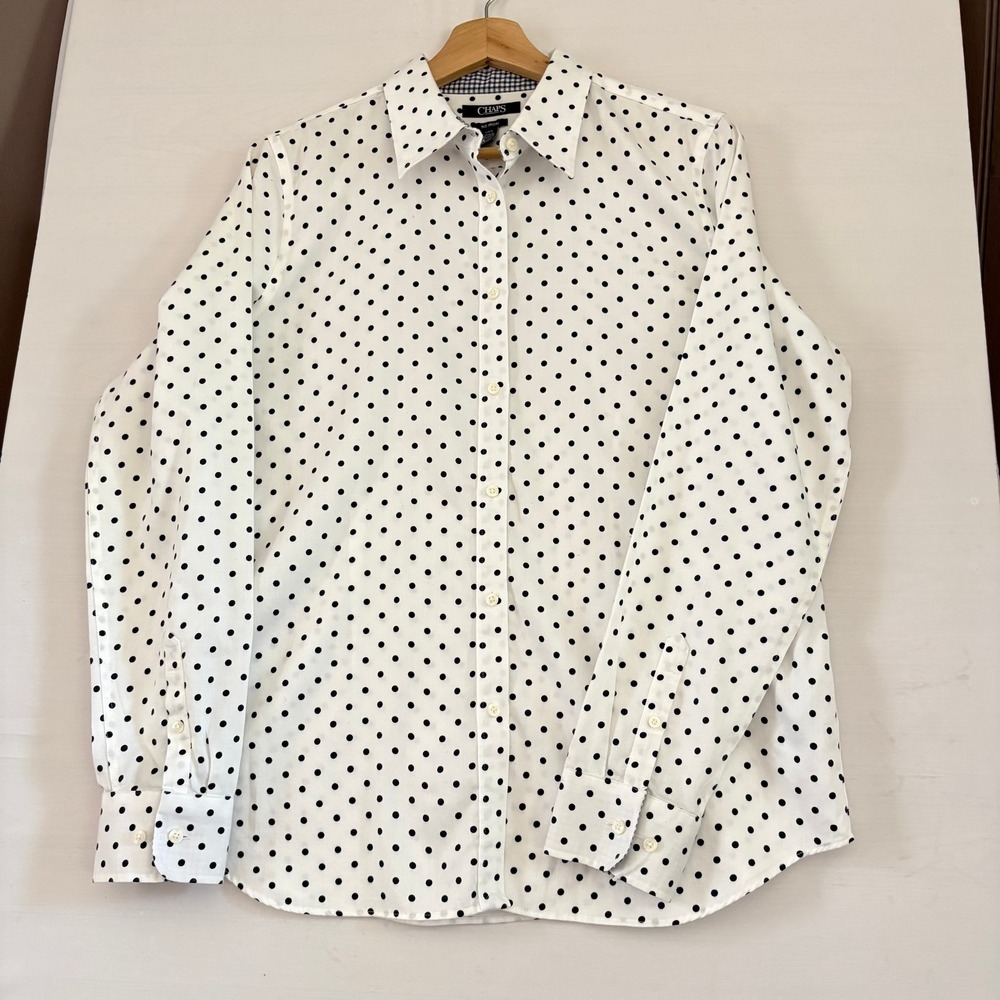 Chaps No Iron Womens Large Polka Dot Button Down Shirt White Navy Blue Gingham